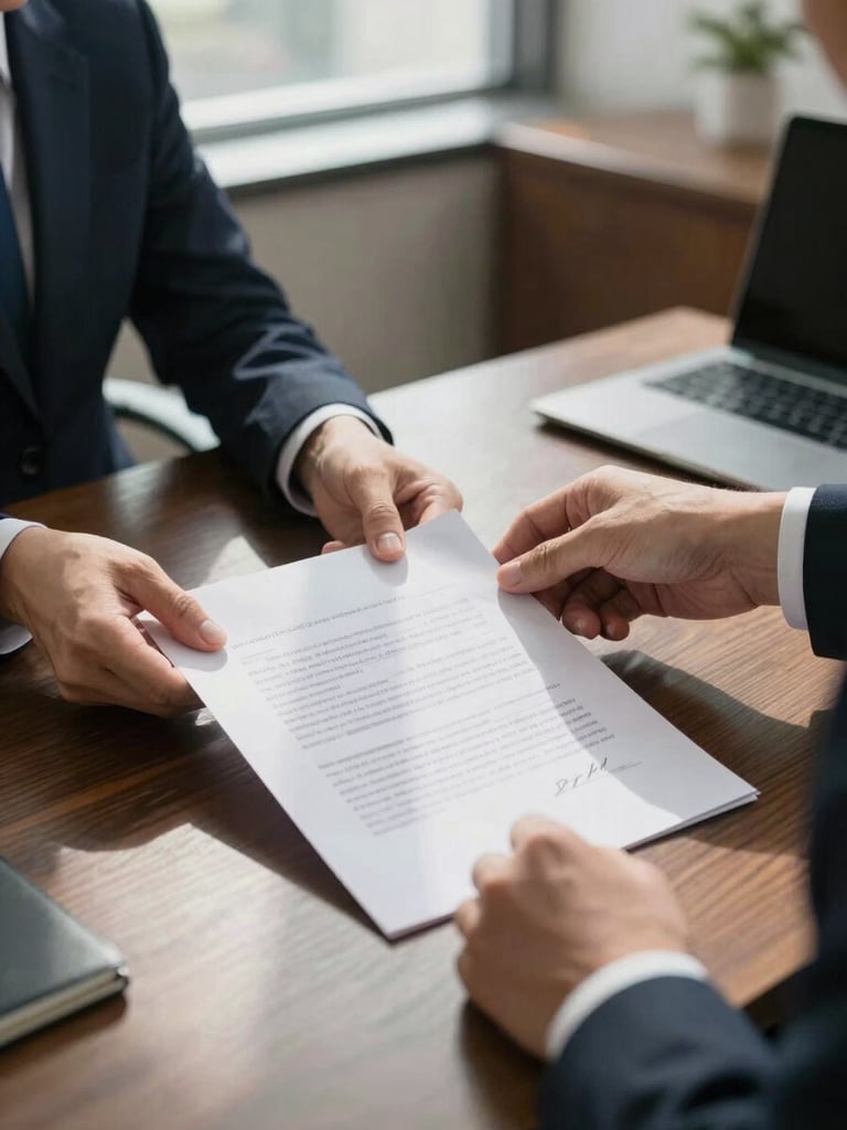 Close-up of two professionals in formal attire exchanging a signed document across a dark wood desk in a controlled-daylight office, natural window light casting clean shadows on contract pages, foreground sharp and background softly blurred