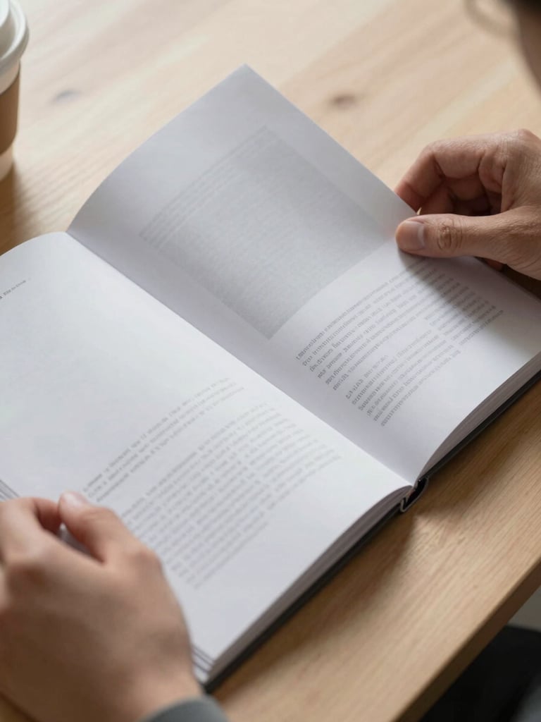 Close-up of hands turning the page of a printed portfolio review document on a pale wood surface, northern daylight casting a soft shadow across the page, a coffee cup partially visible at the edge of the frame