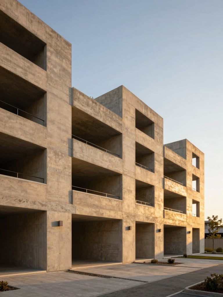 Wide-angle architectural view of modern concrete residential infrastructure under warm golden hour sunlight, clean lines, professional real estate photography