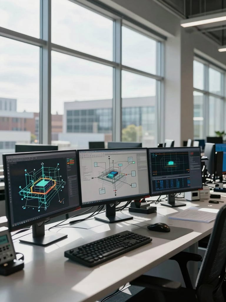 Wide environmental shot of a state-of-the-art systems engineering workspace in Nashua, complex multi-monitor setups displaying infrastructure architecture, cool natural daylight streaming through tall windows, sharp architectural shadows.