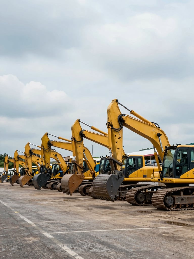 Wide panoramic industrial yard in Colombia, rows of heavy machinery — excavators and loaders — lined up ready for deployment, cool overcast daylight, organized logistics yard visible to the left third, expansive sky above, no people