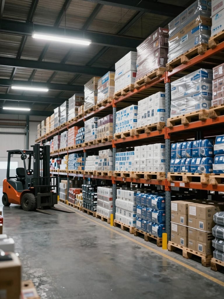 Panoramic warehouse interior, organized pallet rows of industrial supplies under cool fluorescent lighting, a forklift in motion at far left, high ceilings with steel beams visible, no people in foreground