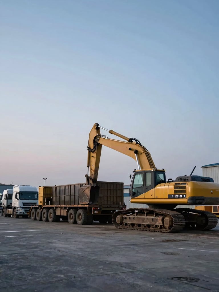 Wide industrial yard at dawn, a heavy-duty excavator and loaded flatbed trucks staged in formation on concrete, cool blue-grey ambient light, no people visible, operational scale evident in the frame