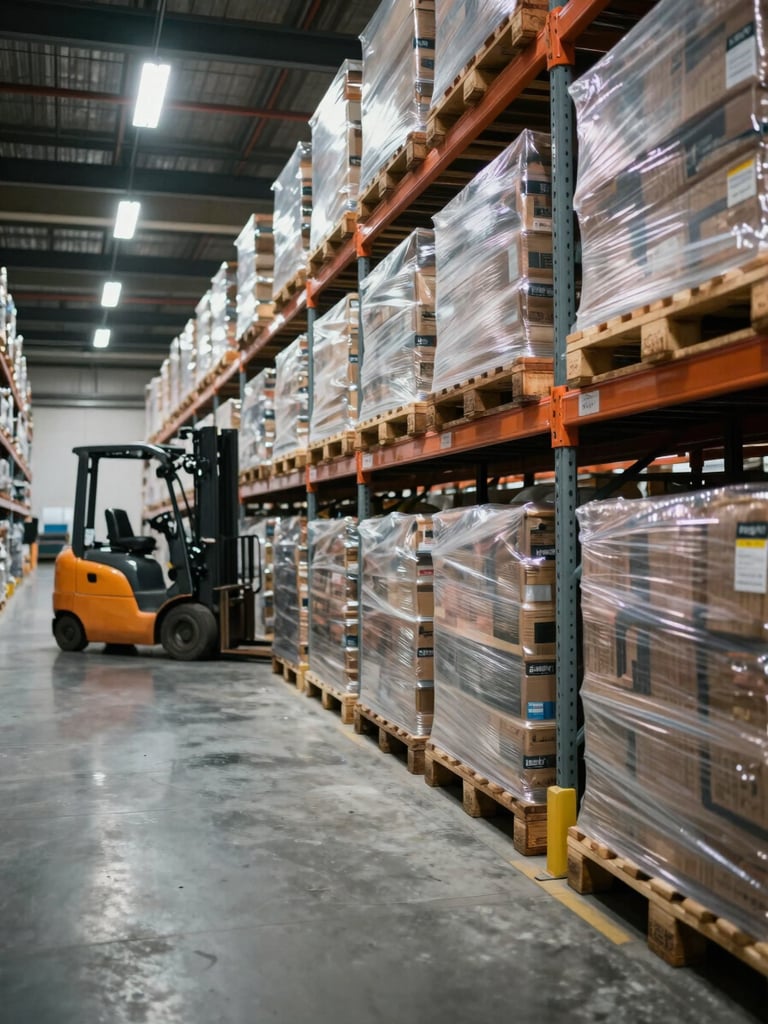 Wide shot inside a large warehouse under cool fluorescent light, rows of industrial supply pallets stacked systematically on metal shelving, forklift visible in the left aisle mid-operation, concrete floor, no people in foreground, operational documentation aesthetic