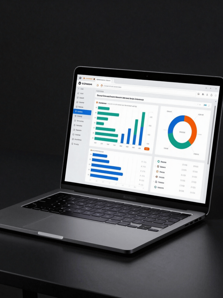 Close-up of an analytics dashboard on a laptop screen showing SEO metrics and traffic graphs, right-of-frame on a dark work surface, soft daylight from left, browser tab bar visible at top