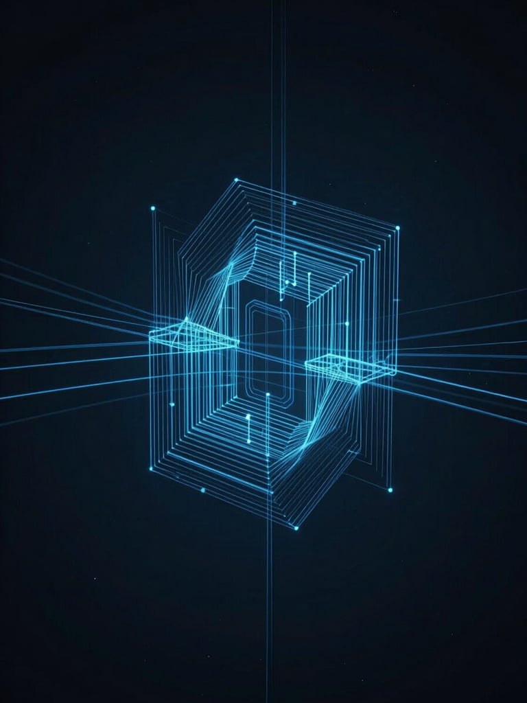 Abstract architectural structure representing complex data flow, glowing cyber blue lines tracing geometric paths, moody low-key studio lighting.