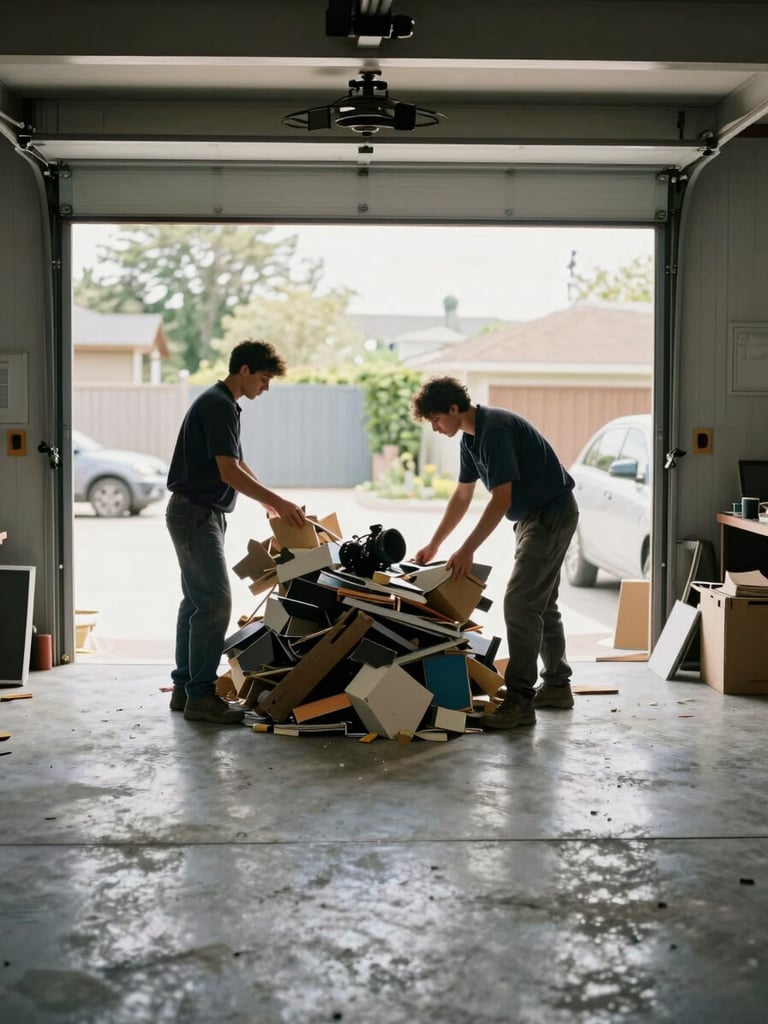 Wide environmental shot from inside a garage, natural daylight flooding through the open door — a two-person crew in work clothes sorting debris and stacking items near a bare concrete floor, shot from the side to show depth and scale, no flash, documentary framing
