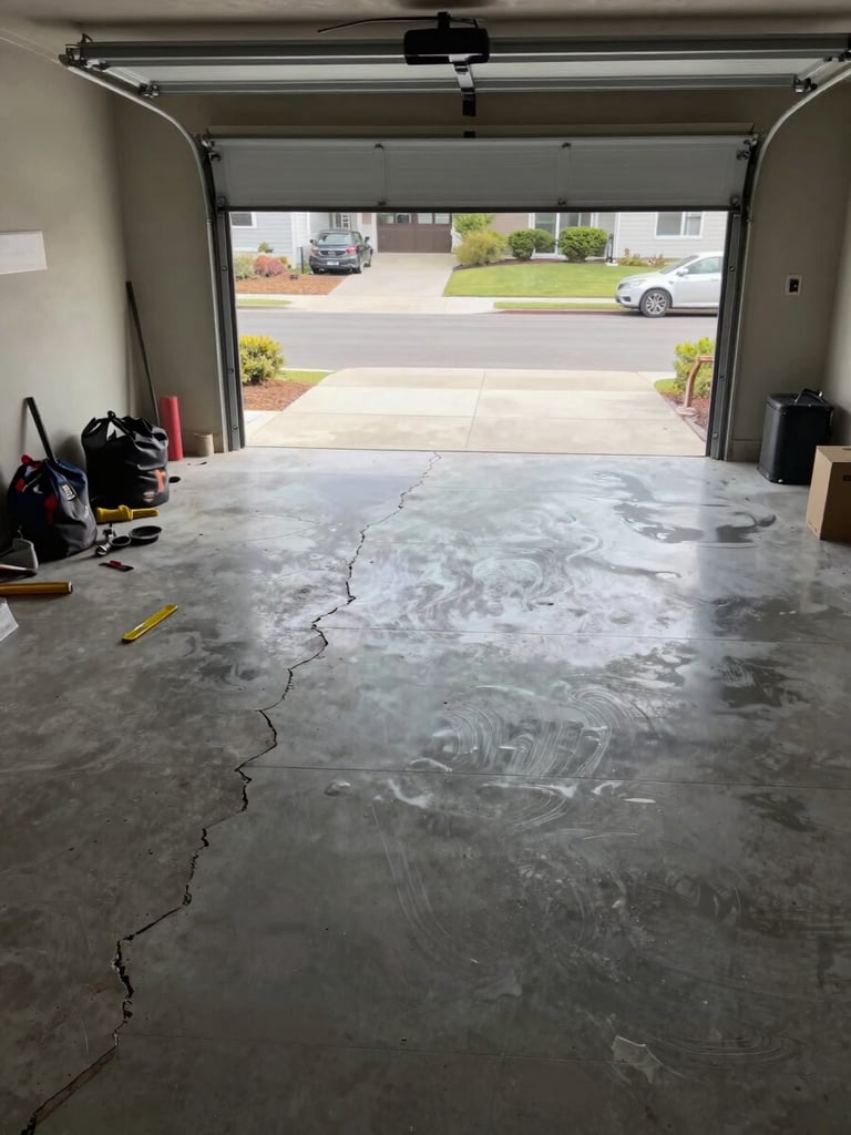 Wide environmental shot inside a real residential garage: left third shows raw cracked concrete floor littered with tools and bags, right two-thirds shows the sealed epoxy-coated floor under open-door daylight after completion—no staging, no props, shot from the garage threshold looking in