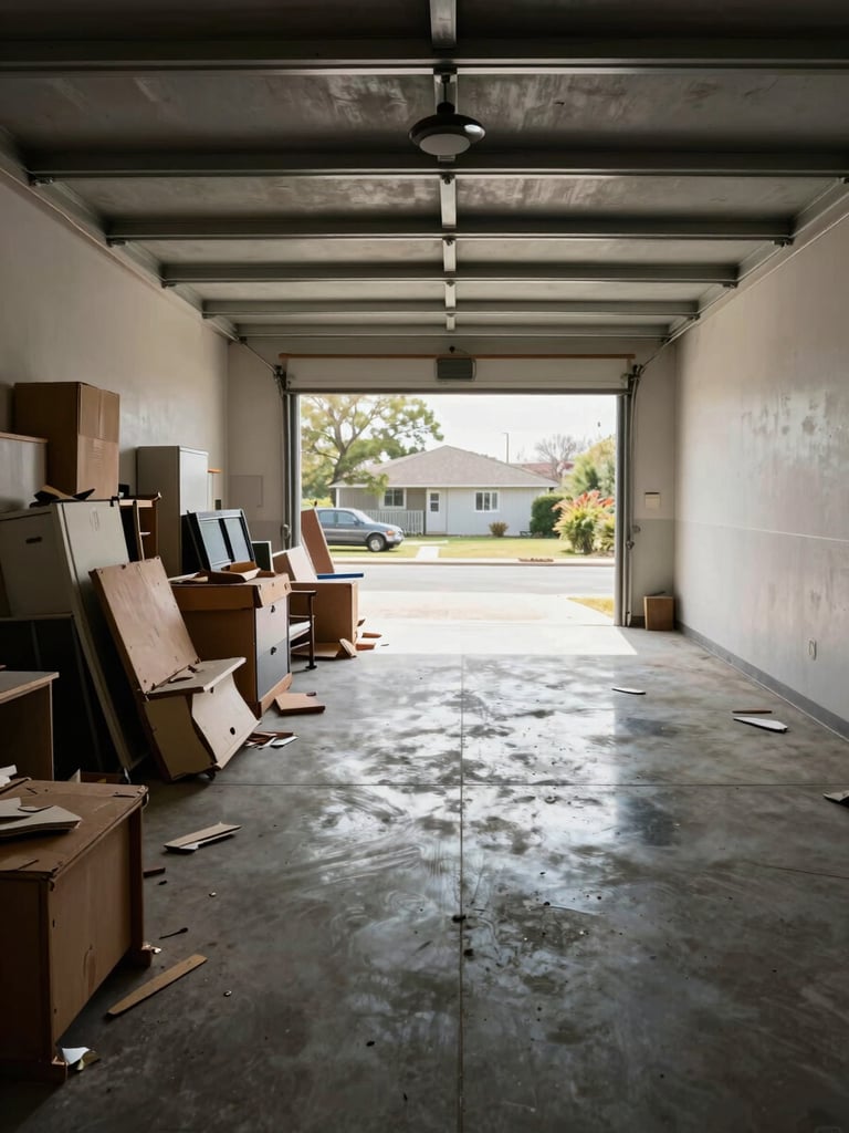 Wide environmental split-frame: left half shows a garage interior packed floor-to-ceiling with broken boxes, old furniture, and debris under flat overcast light; right half shows the same garage after — bare sealed concrete floor reflecting natural daylight from the open door, clean walls, clear open space visible to the back wall. Natural daylight, no flash, no staging. Shot from the center of the garage looking toward the back wall.