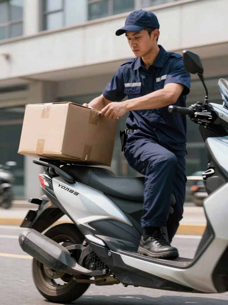 Dynamic low-angle shot of a professional courier in a clean navy uniform securing a package on a modern motorcycle, bright daylight, high contrast urban tones, sharp focus.