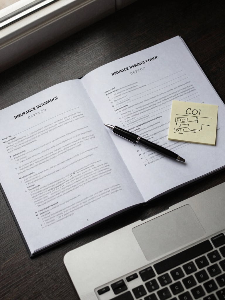 Close overhead flat-lay of an organized desk: an open insurance policy folder, a pen resting on a COI form, a small sticky-note workflow diagram, and a laptop keyboard visible at the lower edge, lit by diffused natural window light from the upper left, calm and methodical atmosphere