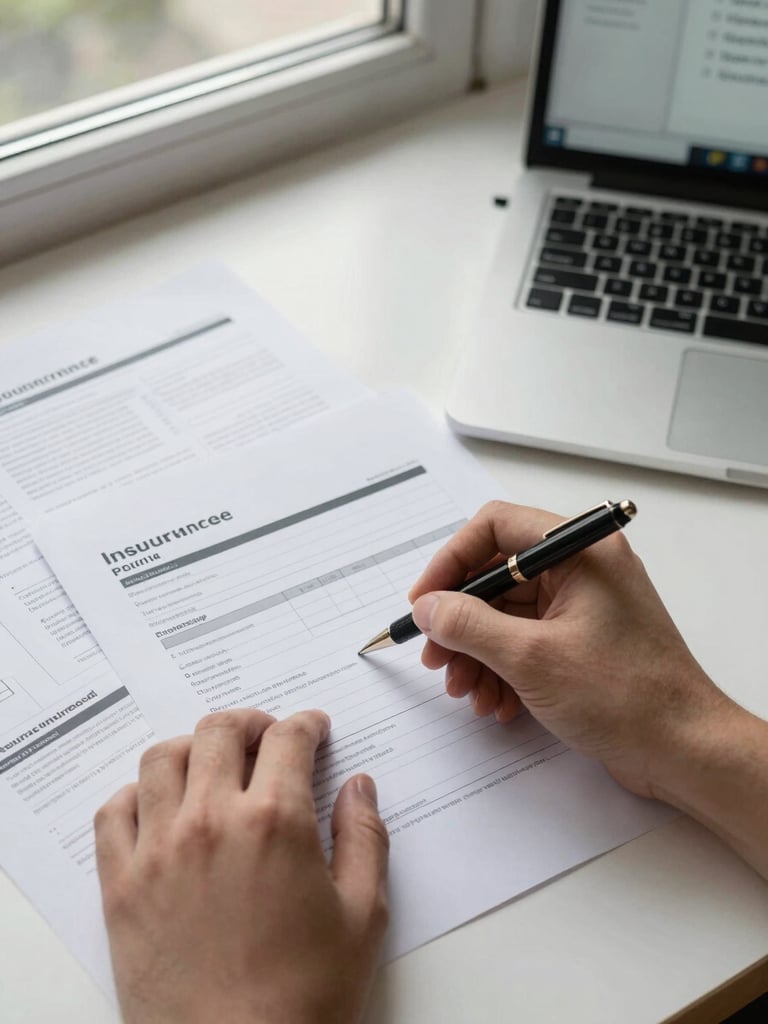 Close overhead view of a desk under natural window light — hands with a pen annotating a printed insurance workflow diagram, policy forms and a laptop with a CRM screen visible at the edge of the frame, organized and deliberate