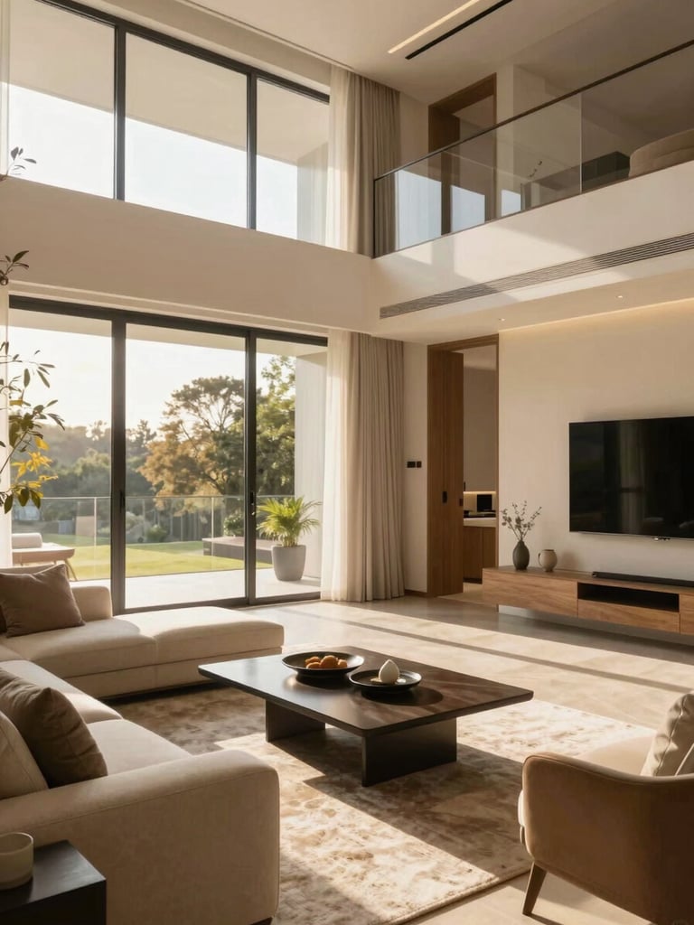 Warm modern residential living room interior, bright natural light streaming through large windows, high-end furniture, professional architectural photography
