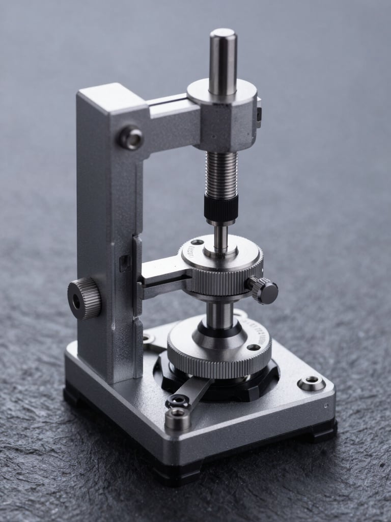 High-contrast macro studio photography of a mechanical linkage being calibrated with a digital micrometer under cool clinical lighting, slate gray background