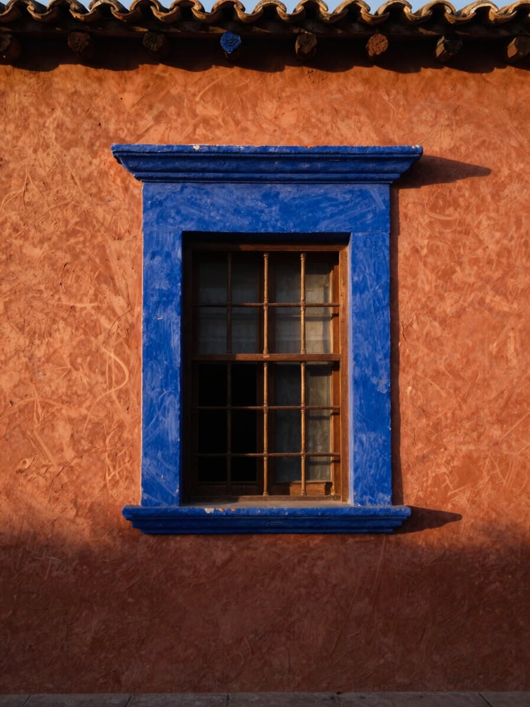 Traditional architecture of an old Oaxacan building in Ejutla de Crespo, warm golden-hour light, rich earthy terracotta and deep indigo tones, 35mm