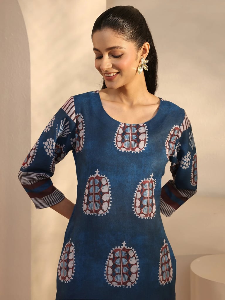 blue cotton straight kurta tryshopy