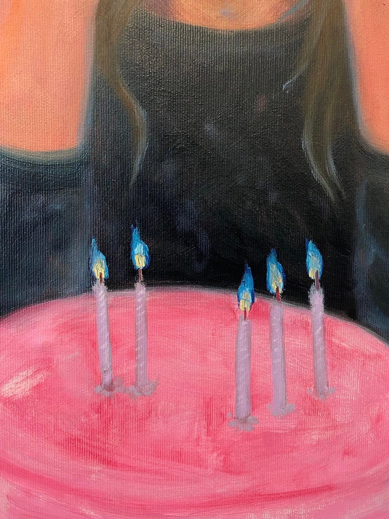 Close up oil painting birthday candles blue flames