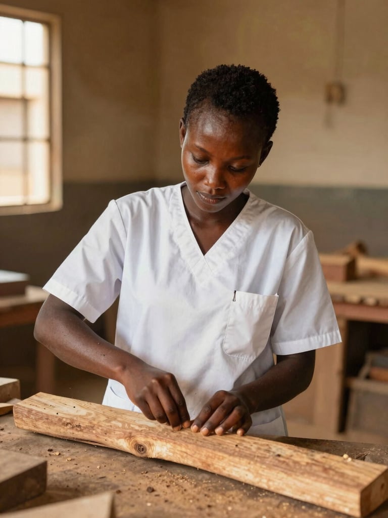 Une jeune étudiante sénégalaise en blouse de travail mesurant une pièce de bois avec précision, lumière du jour chaleureuse de l'après-midi filtrant à travers les fenêtres de l'atelier de Kolda.