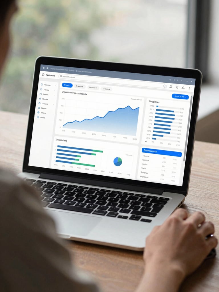 Over-the-shoulder shot of an analyst reviewing a search analytics dashboard on a laptop, natural window light, data charts visible showing organic traffic trends, hands on mouse