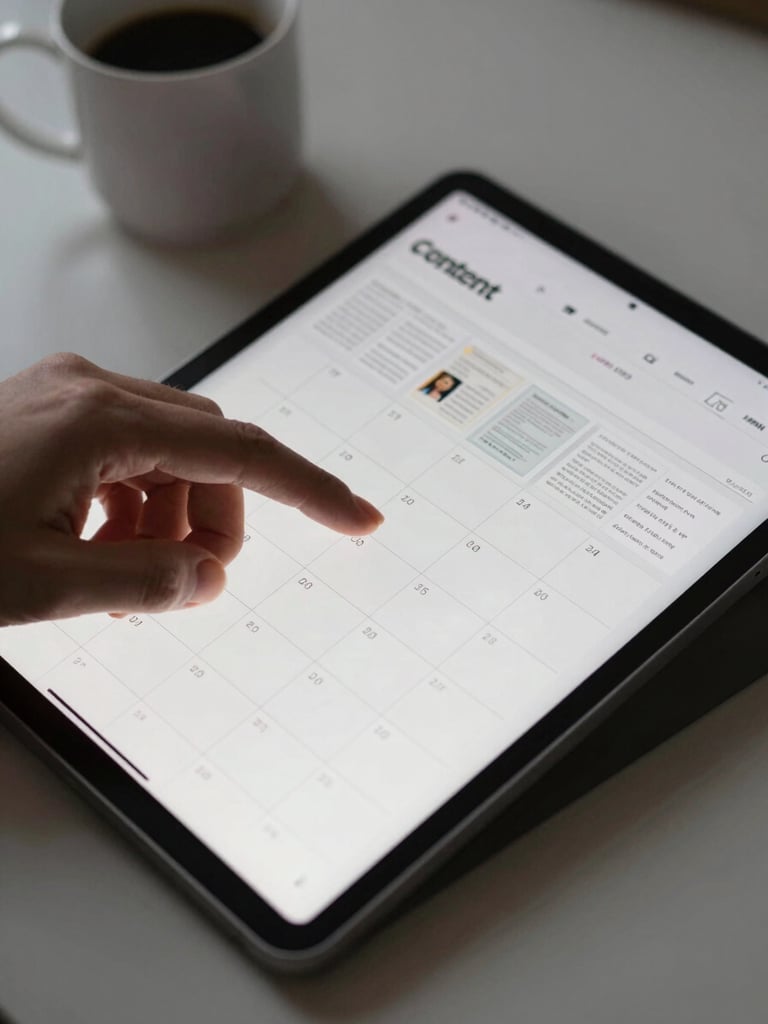 Close-up of hands scrolling a content calendar on a tablet at a desk, soft studio lighting, coffee cup in background, social post drafts visible on screen
