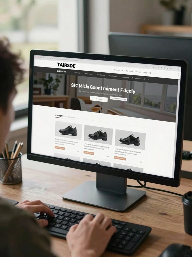 Over-the-shoulder view of a designer reviewing a website layout on a large monitor, natural daylight from a side window, hands resting on keyboard, site structure visible on screen
