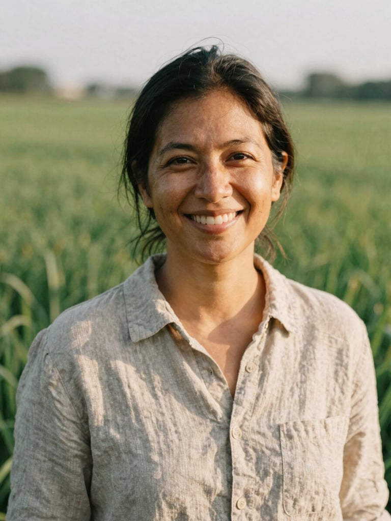 Honest portrait of founder Kika Mas in a green field, smiling warmly, wearing a simple linen shirt, soft natural afternoon light, organic earth tones, 35mm film grain