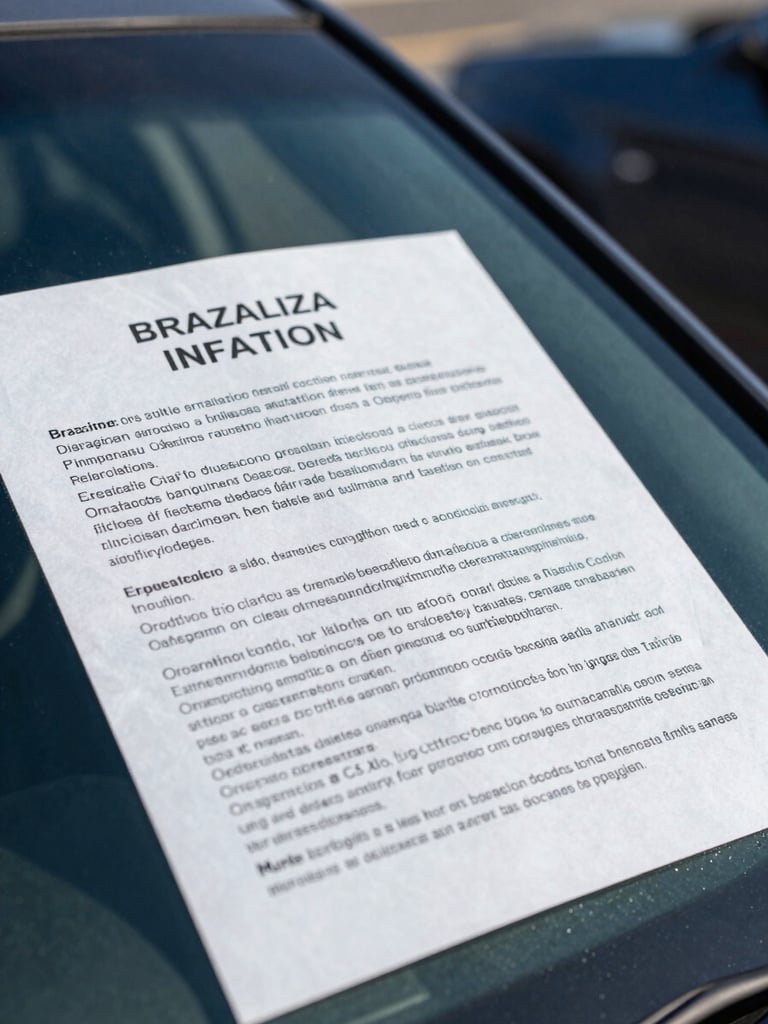 Extreme close-up of a Brazilian traffic infraction notice on a car windshield, document text visible under harsh midday daylight, deep blue car body in background soft-focused, photographed from slightly above at a 30-degree angle