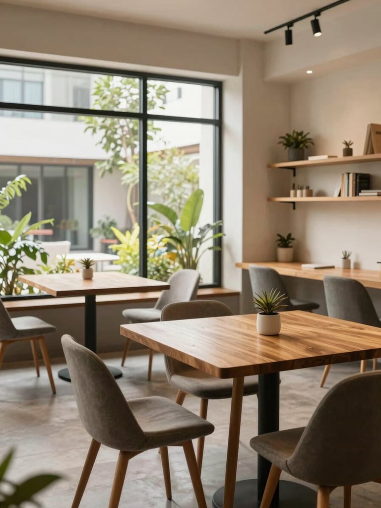 Bright, natural daylight interior of a modern coliving shared lounge in Bengaluru, featuring clean wooden tables, comfortable chairs, and a study corner.
