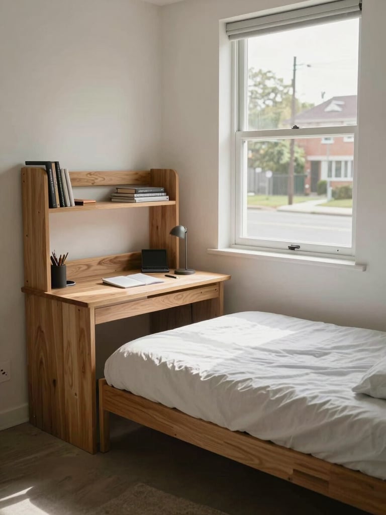 Bright natural daylight illuminating a clean boys PG room, featuring a sturdy wooden study desk, single bed with neat linen, and a large window showing a quiet residential street.