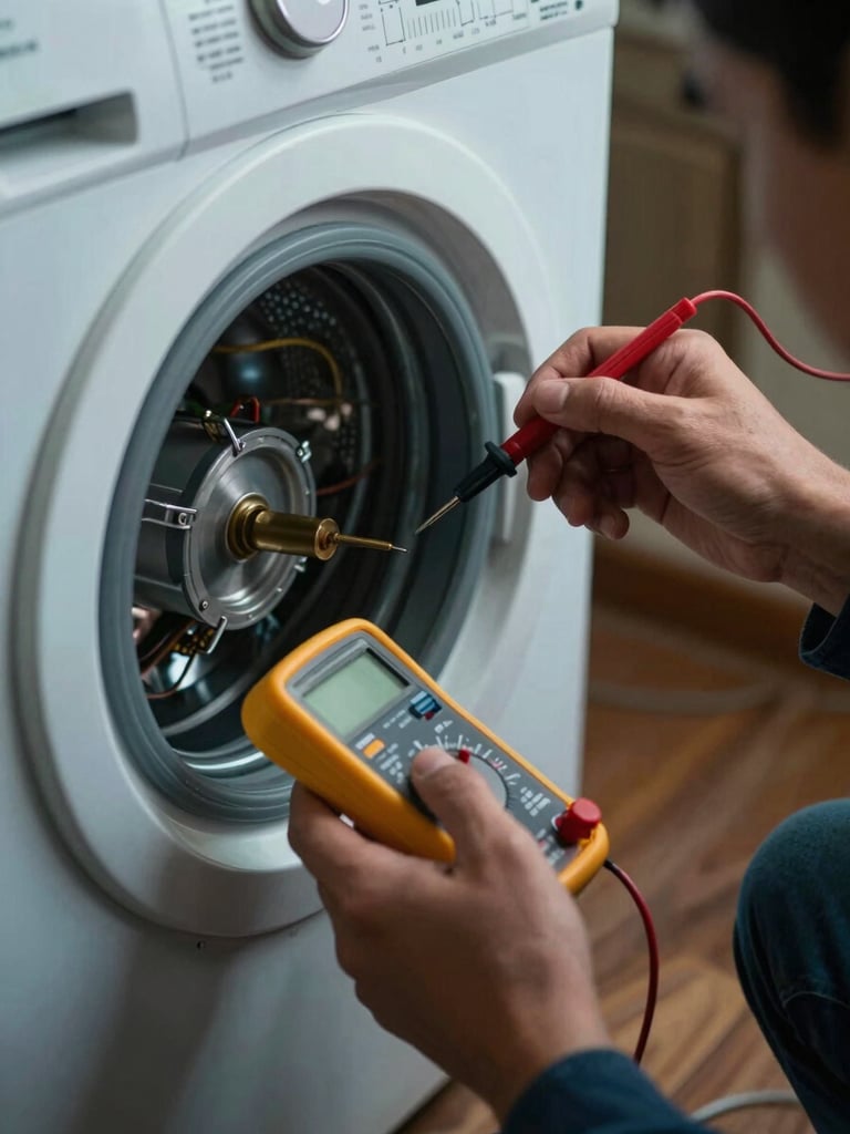 Extreme close-up of a technician's hands holding a multimeter probes against the terminals of a washing machine motor in a real Bogotá apartment, cool work-light illuminating the components, dark background with high contrast, tools visible on the floor