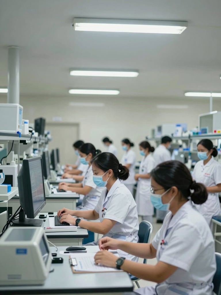 Wide clinical skills laboratory at STIK PPNI Jawa Barat, nursing students in white uniforms practicing on medical simulators under bright overhead fluorescent lights, rows of hospital beds and equipment visible in background, institutional environment