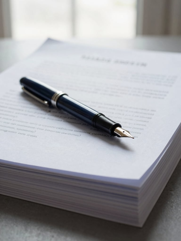 A close-up of a fountain pen resting on a neat stack of legal documents and court filings, soft natural light from a high window, clean composition, editorial documentary style