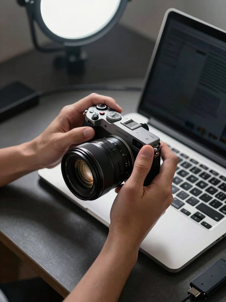 Close-up overhead shot of a creator's desk workspace, hands holding a compact mirrorless camera above a laptop keyboard, studio strobe light reflecting off the camera body, cables and a USB hub visible to the right, dark desk surface, sharp technical lighting, shallow depth of field