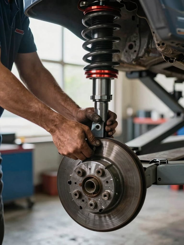 Close-up overhead shot of a mechanic's hands torquing a suspension component on a lift, natural side-window daylight illuminating the greased hub and brake disc underneath, workshop floor visible in the lower frame, no faces — only the work and the hardware