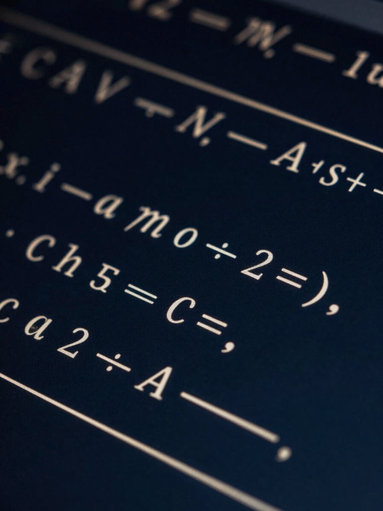 Macro close-up of mathematical formulas and code on a dark terminal screen, glowing lines, high contrast, cold blue tones with subtle gold highlights.