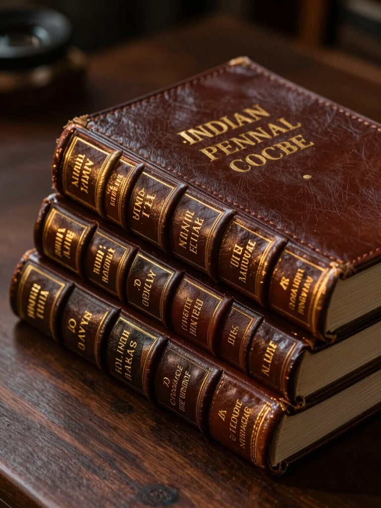 Low-angle dramatic side-lit close-up of leather-bound Indian penal code volumes on a dark wooden desk, warm gold light accentuating the gold-embossed lettering on the spines