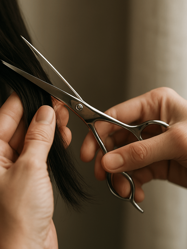 Close-up of a stylist's hands holding professional scissors near a section of dark hair, natural daylight from a side window, shallow depth of field, neutral linen background visible at the edge