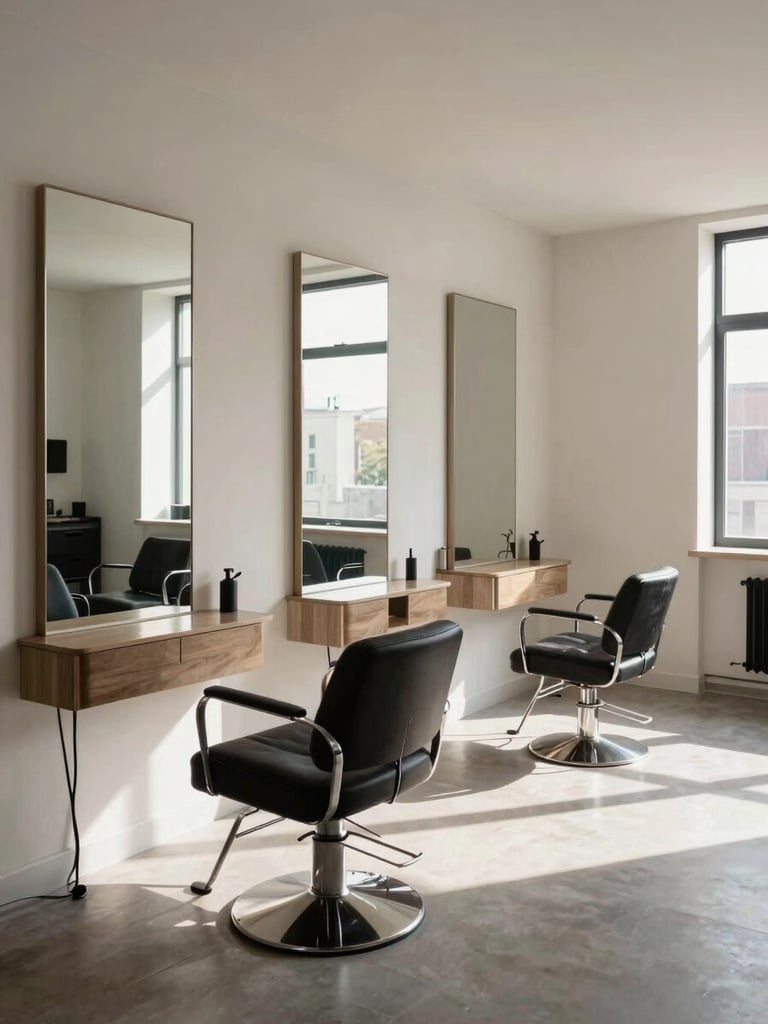 Wide interior of a minimal hair salon, empty chairs along a pale wall, natural window light raking across the floor from the right, deep shadows in the far corner, clean architectural proportions
