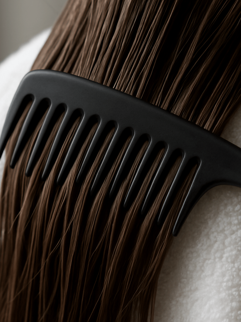 Close-up of a wide-tooth comb working through glossy conditioned hair against a white towel, soft diffused window light, no person visible beyond the hair