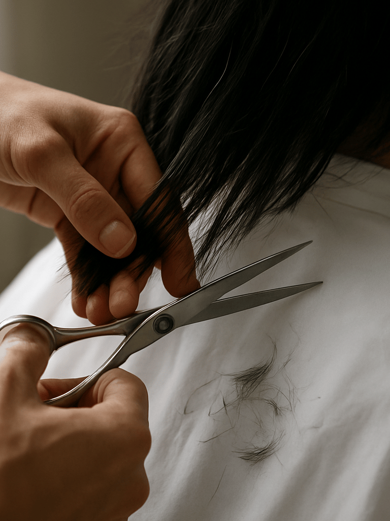 Close-up of a stylist's hands guiding scissors through dark hair on a clean white drape, natural window light from the left, shallow depth, no face visible