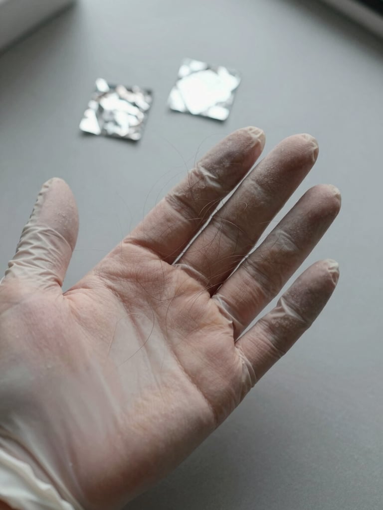 Tight detail of fine hair sections fanned across a gloved hand against a neutral gray counter, small foil squares in background, daylight from above, clinical and calm