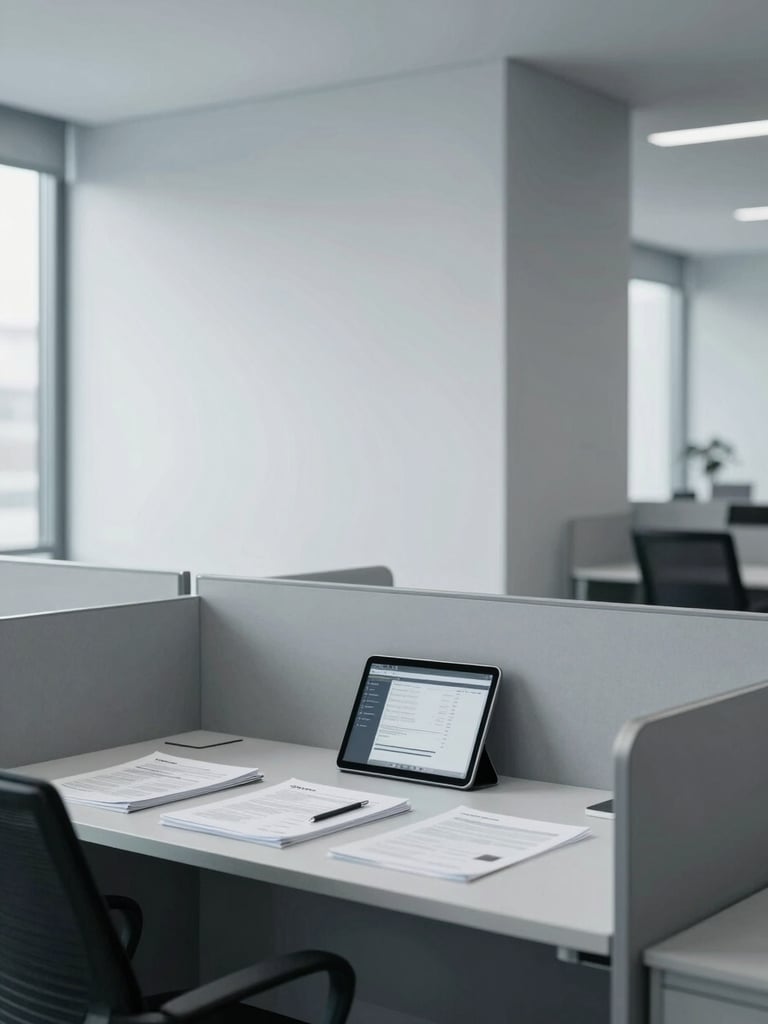 Wide shot of a modern, minimalist office interior with clean architectural lines and natural light, focusing on a structured desk setup with organized documents and a tablet displaying a dashboard. Low saturation, blue and grey tones.