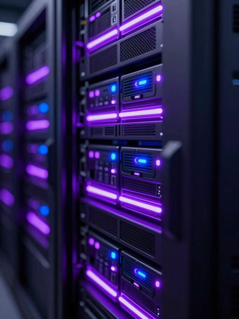Macro close-up of high-performance server racks in a dark datacenter, intense neon violet and electric indigo indicator lights, shallow depth of field, futuristic 3D render style.