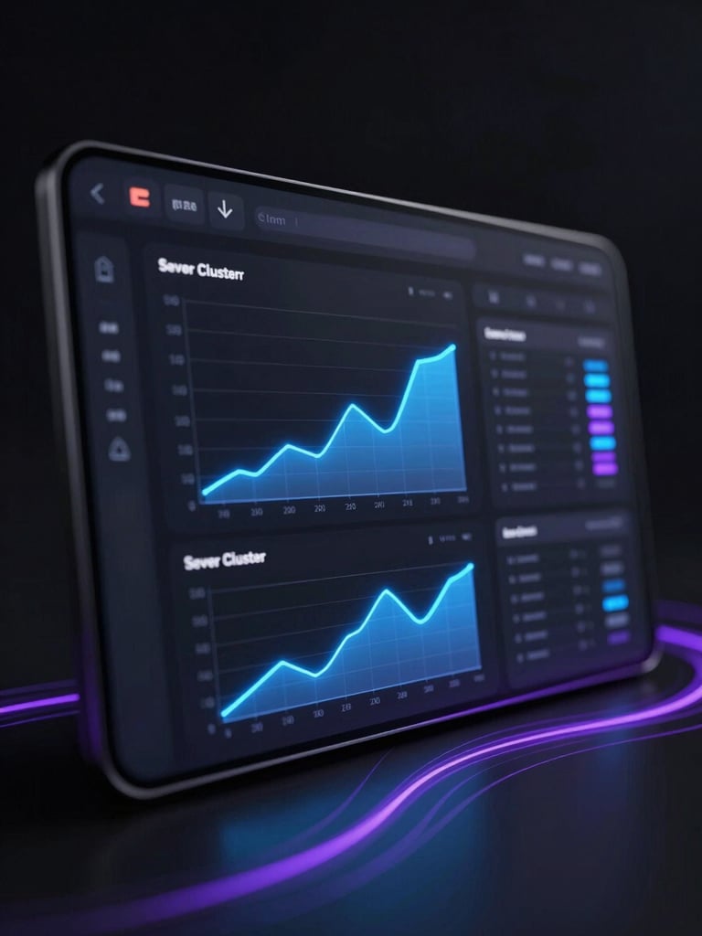 Sleek dark-themed UI dashboard showing real-time server cluster metrics, glowing electric indigo graphs, high contrast, low-key lighting