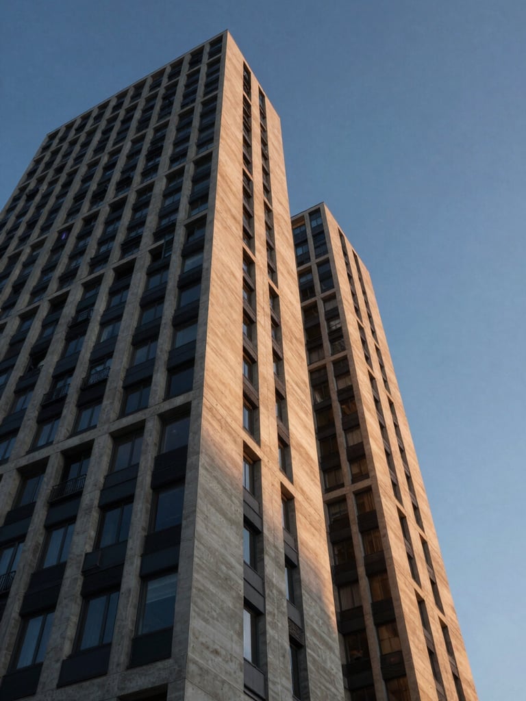Low angle shot of modern concrete and steel high-rise architecture, sharp geometric lines against a deep twilight sky, golden hour reflections.