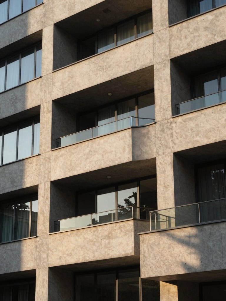 High-contrast architectural detail of modern concrete and glass facade, sharp golden-hour highlights casting deep geometric shadows, clean professional composition