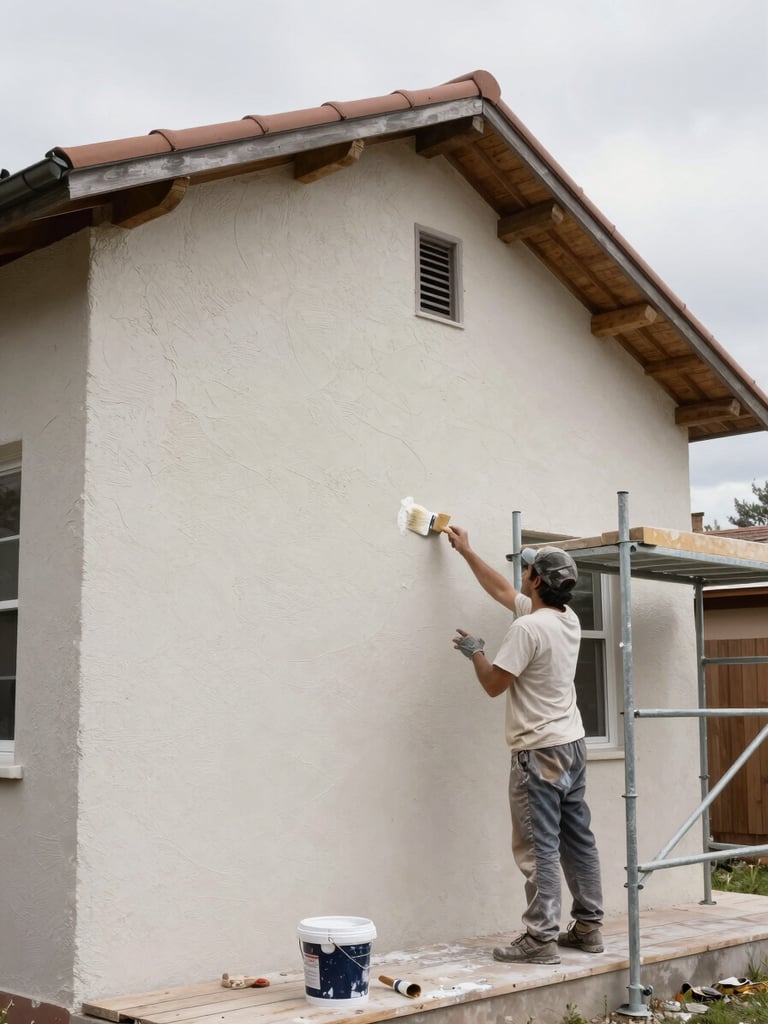 Wide shot of an exterior house facade mid-painting, scaffolding frame on the right, painter's brush visible on rough textured surface, overcast Rosario midday light, paint bucket on scaffold board
