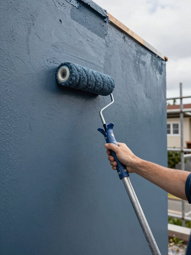 Wide shot of a freshly painted exterior wall in progress, roller in hand mid-stroke, natural overcast daylight, scaffolding visible on the right edge, deep blue-grey paint on rough render surface, Rosario neighborhood visible in background