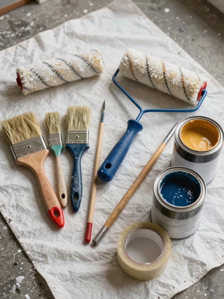 Overhead view of painter's tools arranged on a job site — brushes, roller, masking tape, paint cans — on a drop cloth, natural daylight from above, concrete floor visible at edge