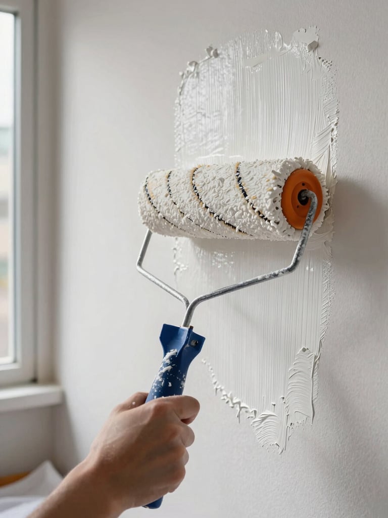 Close-up of a painter's roller applying warm white latex paint to an interior wall, paint texture visible mid-stroke, natural daylight from a nearby window, drop cloth on floor visible at bottom edge